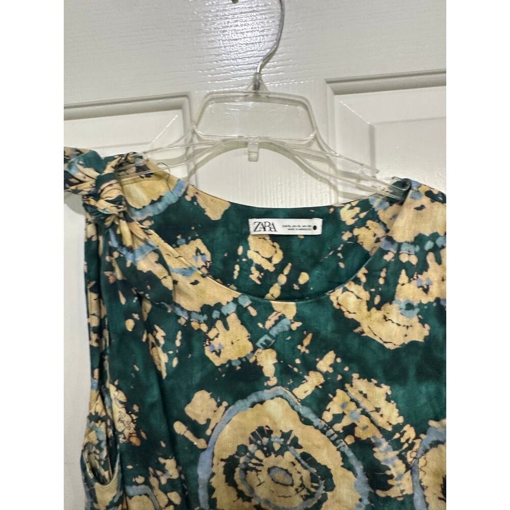 ZARA Maxi Dress Tie-Dye Linen Blend Side Slit Knot Green Size XL - Picture 6 of 10